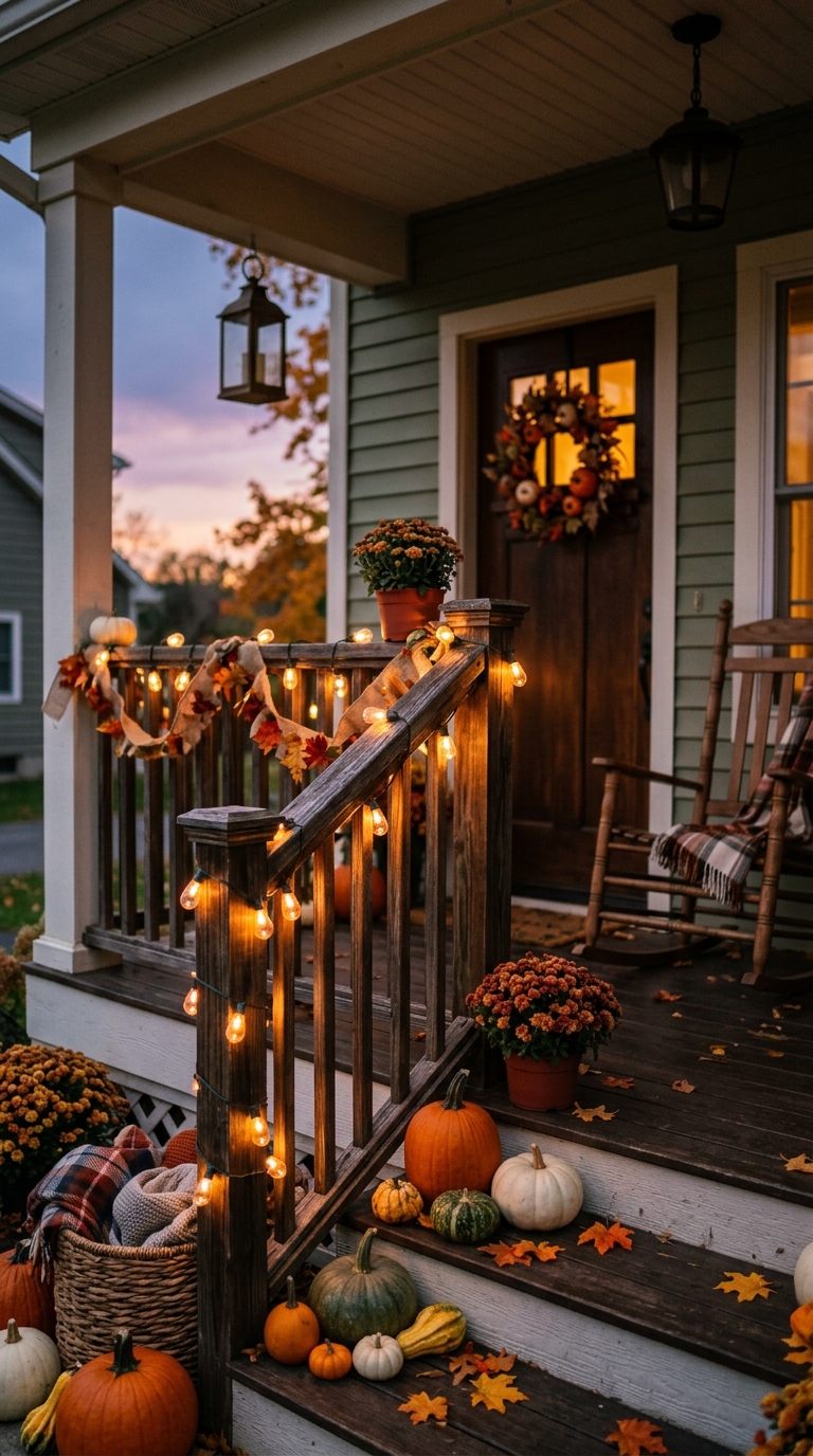 String lights styled on a small front porch railing for fall evening decor.