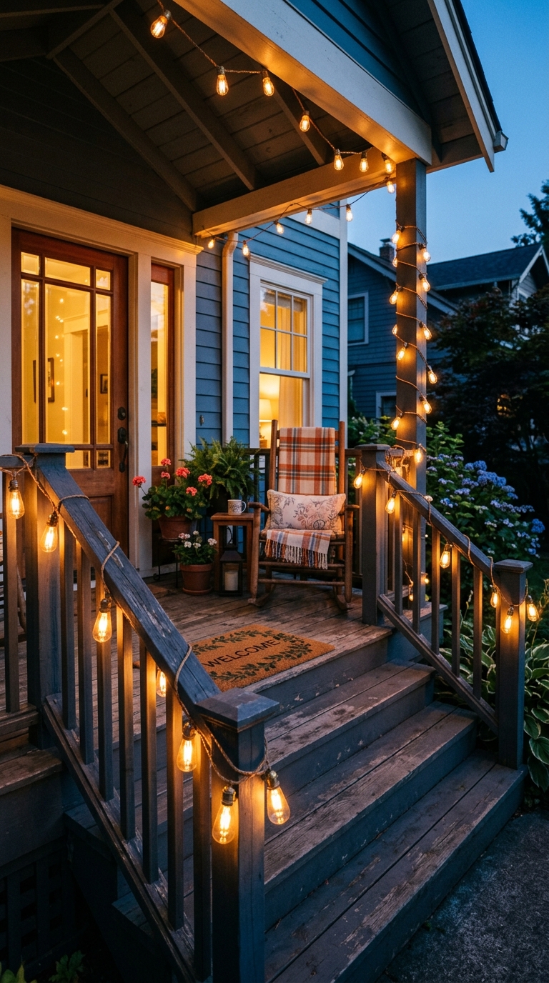 String lights idea for evening ambiance on a small front porch