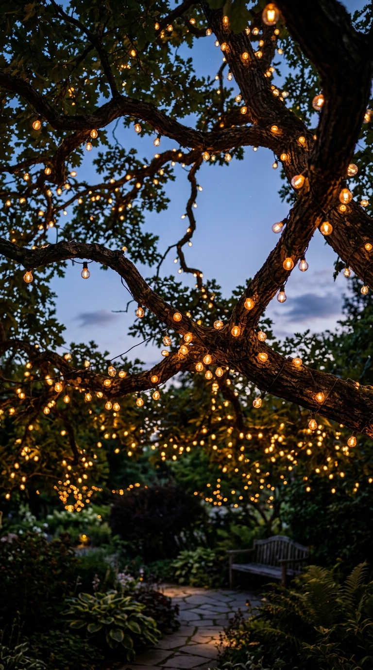 String lights woven through trees, idea for a hippie garden