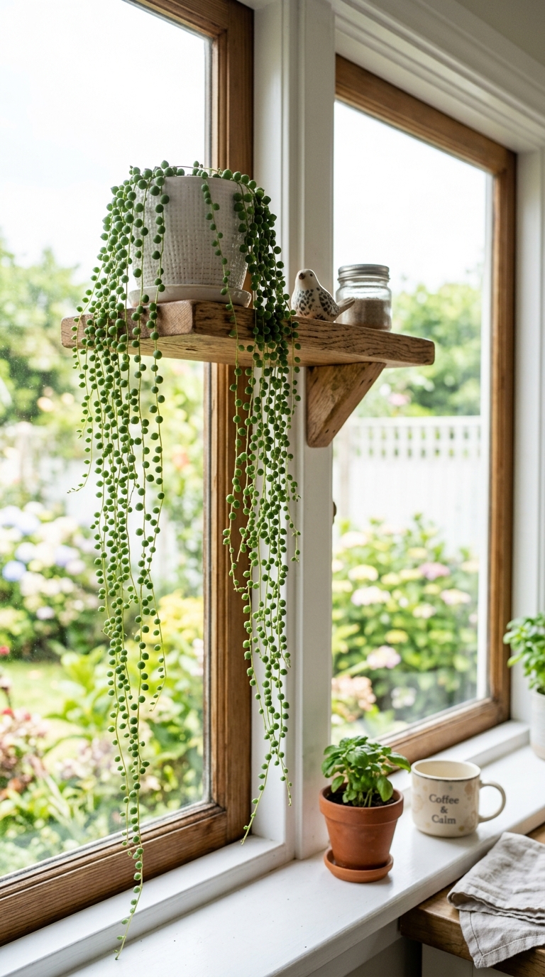 String of pearls plant trailing from a shelf near a kitchen window
