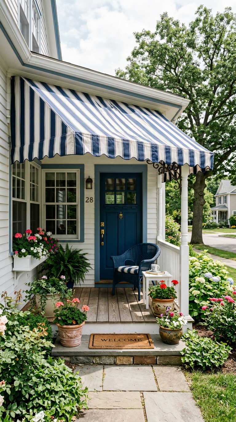 Striped awning idea for adding definition to a small front porch