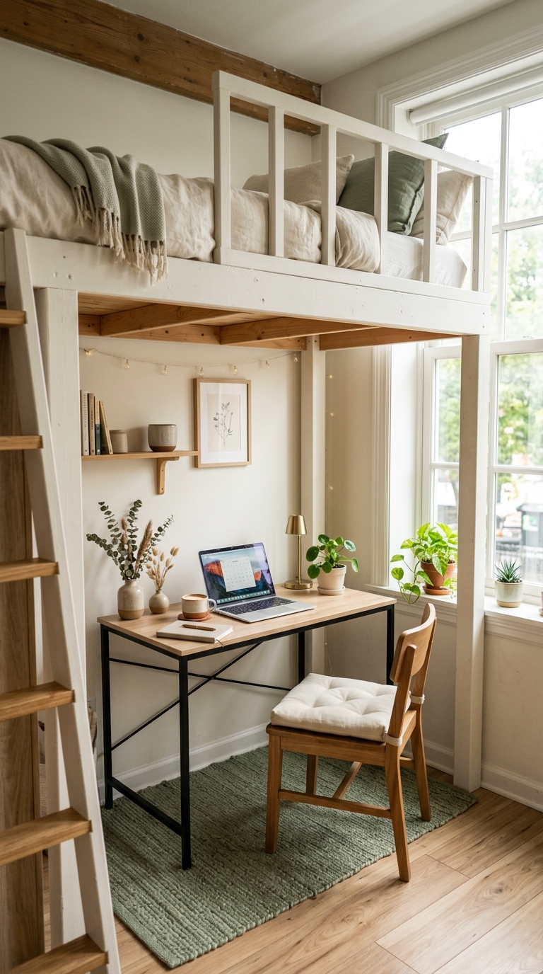 Small studio apartment loft bed with a desk workspace underneath