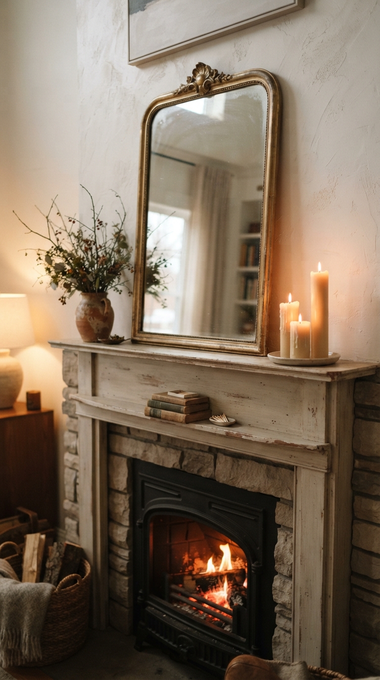 Fall-style fireplace mantel with candles and natural branches