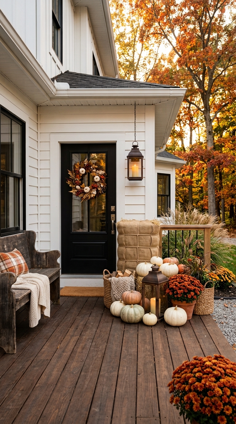 Single styled hay bale with pumpkin on top on a farmhouse front porch