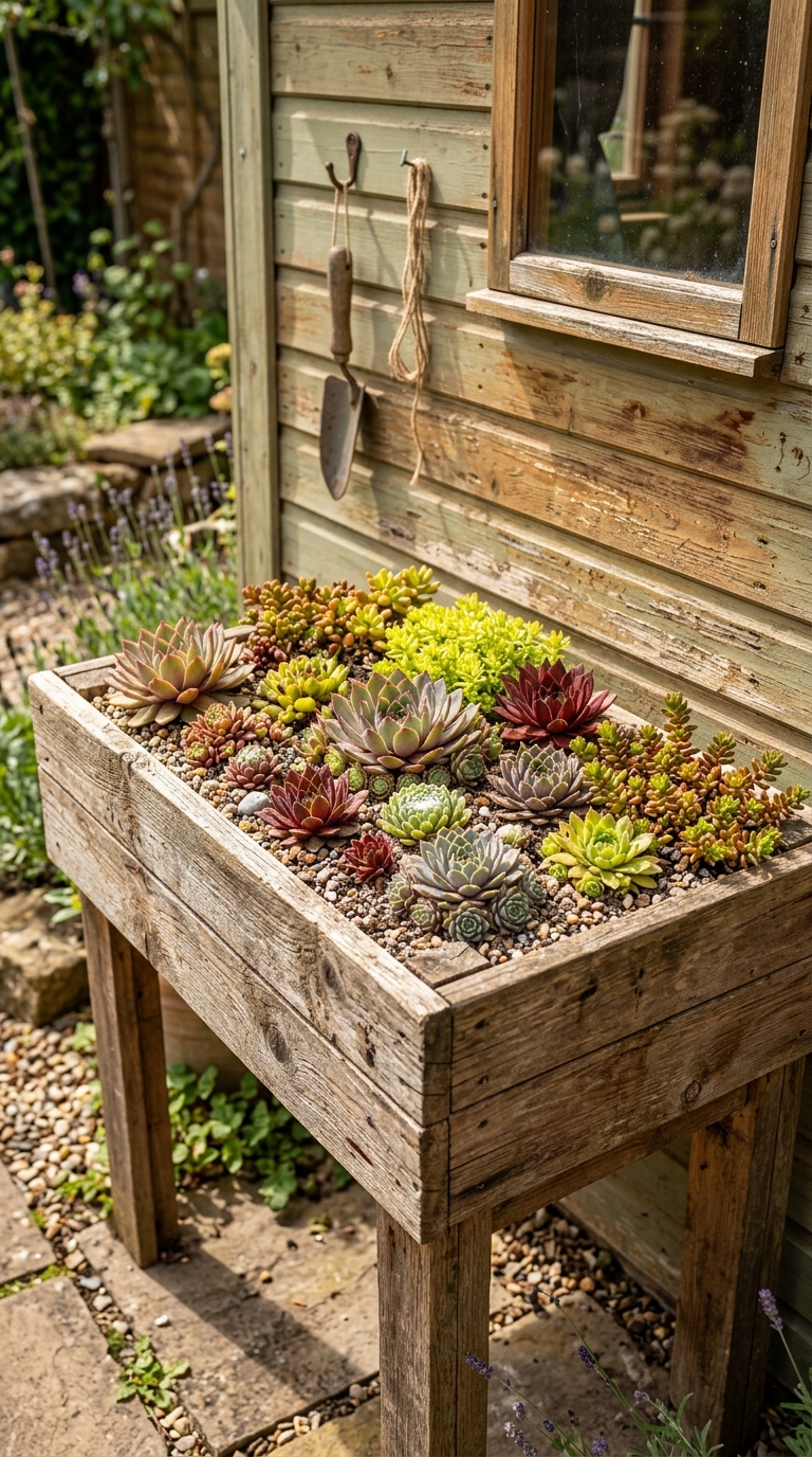 Raised planter with hardy succulents next to a sunny garden shed