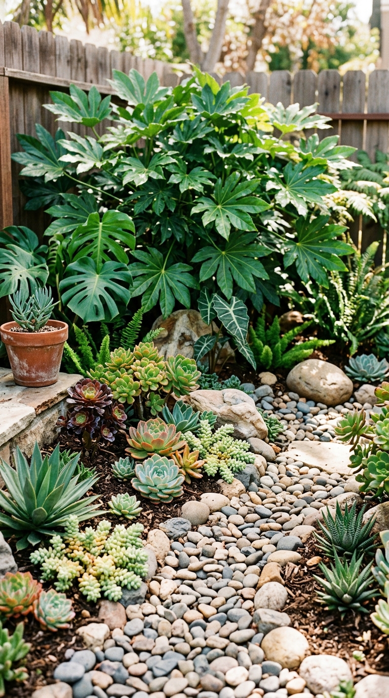 Small garden combining succulents with tropical-look foliage