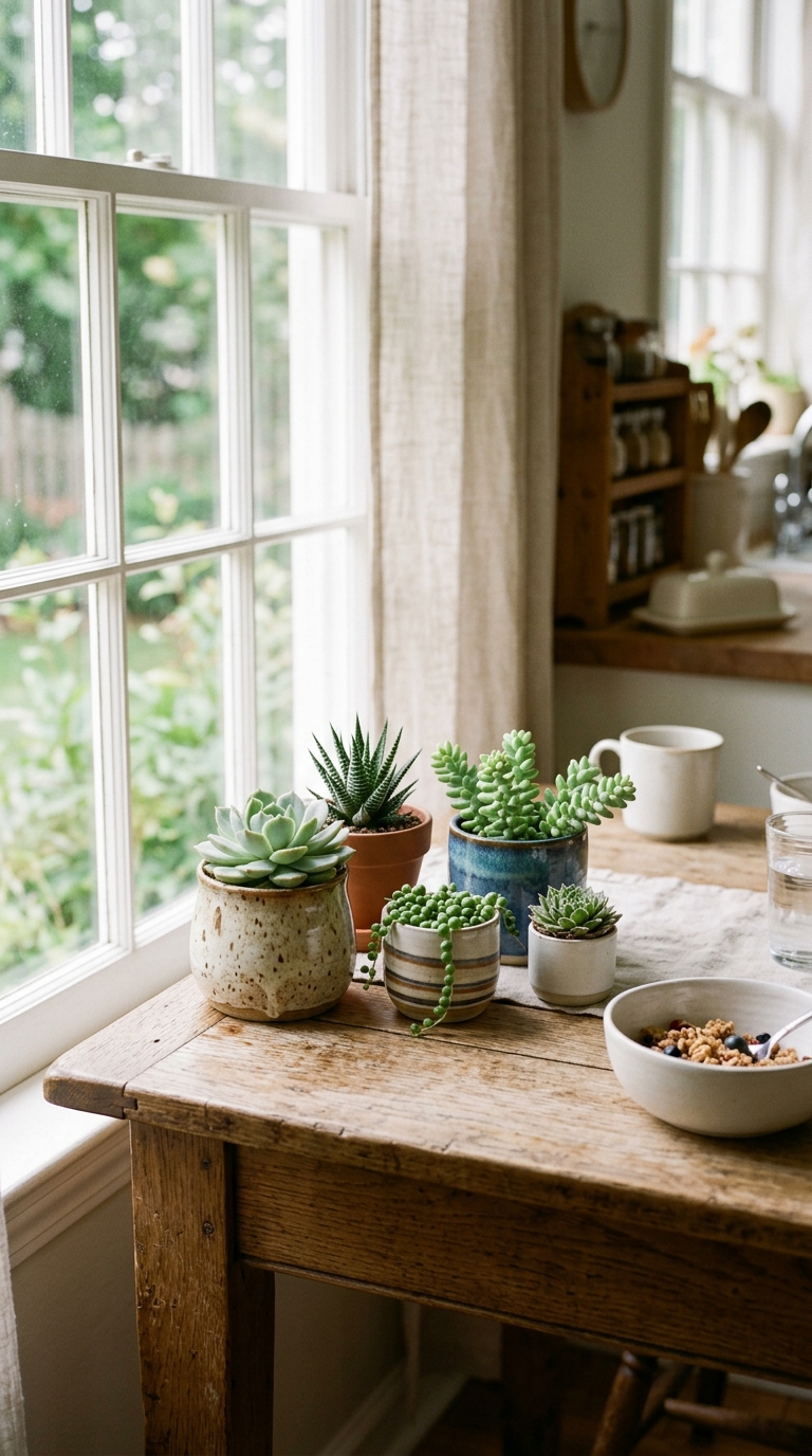 Succulent plants styled on a kitchen table