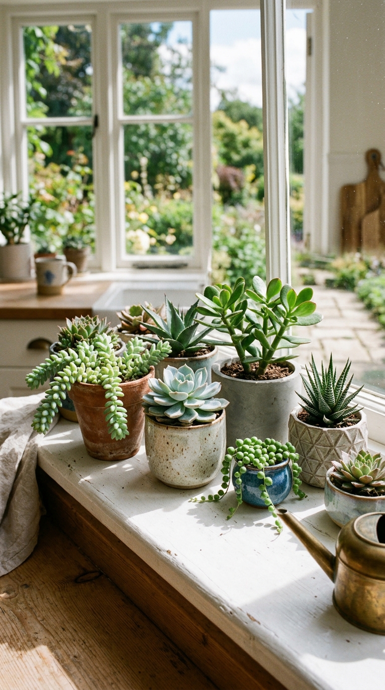 Succulent plants arranged on a sunny kitchen windowsill in small pots