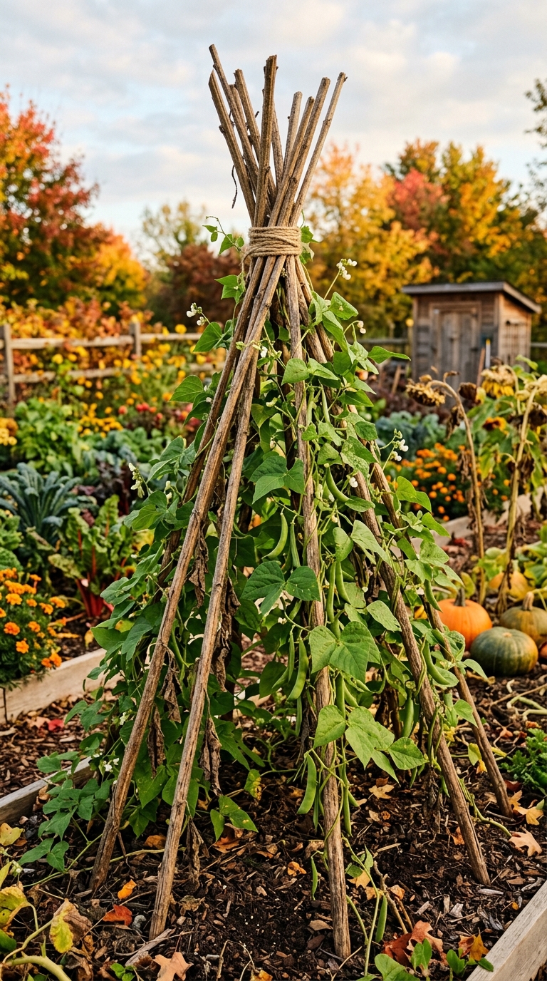 Compostable trellis built from dried sunflower stalks