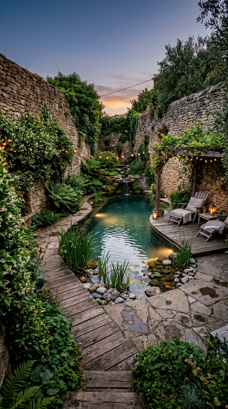 Sunken courtyard natural swimming pool enclosed by stone walls