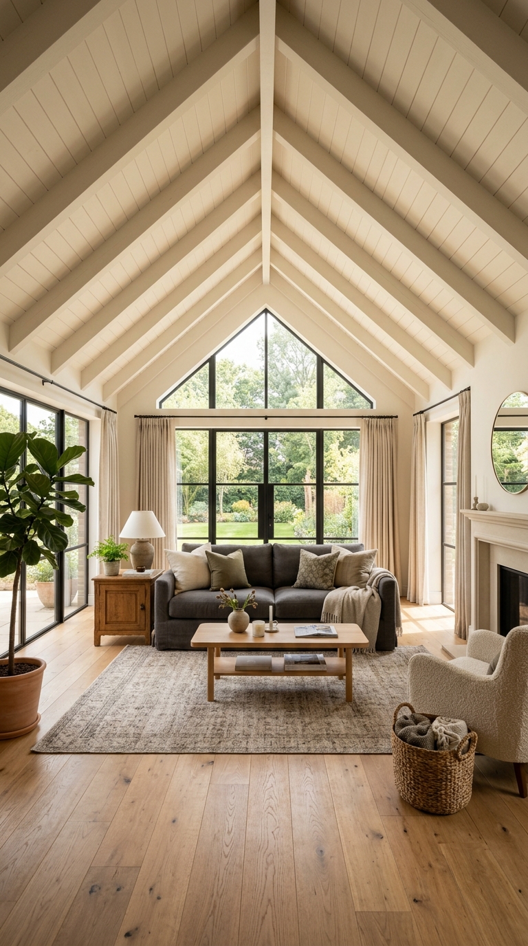 Classic symmetrical vaulted ceiling in a bright living room with natural light
