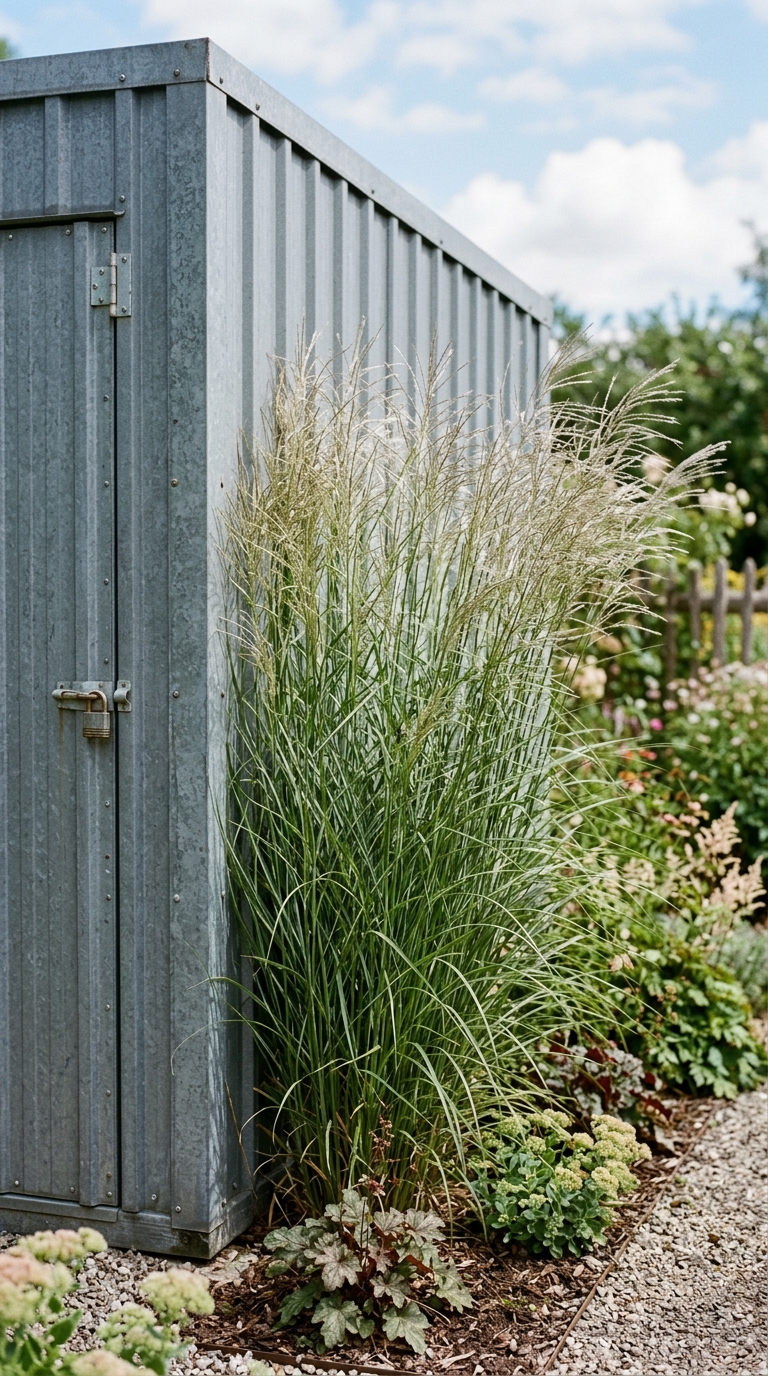 Tall ornamental grass softening the corner of a metal garden shed