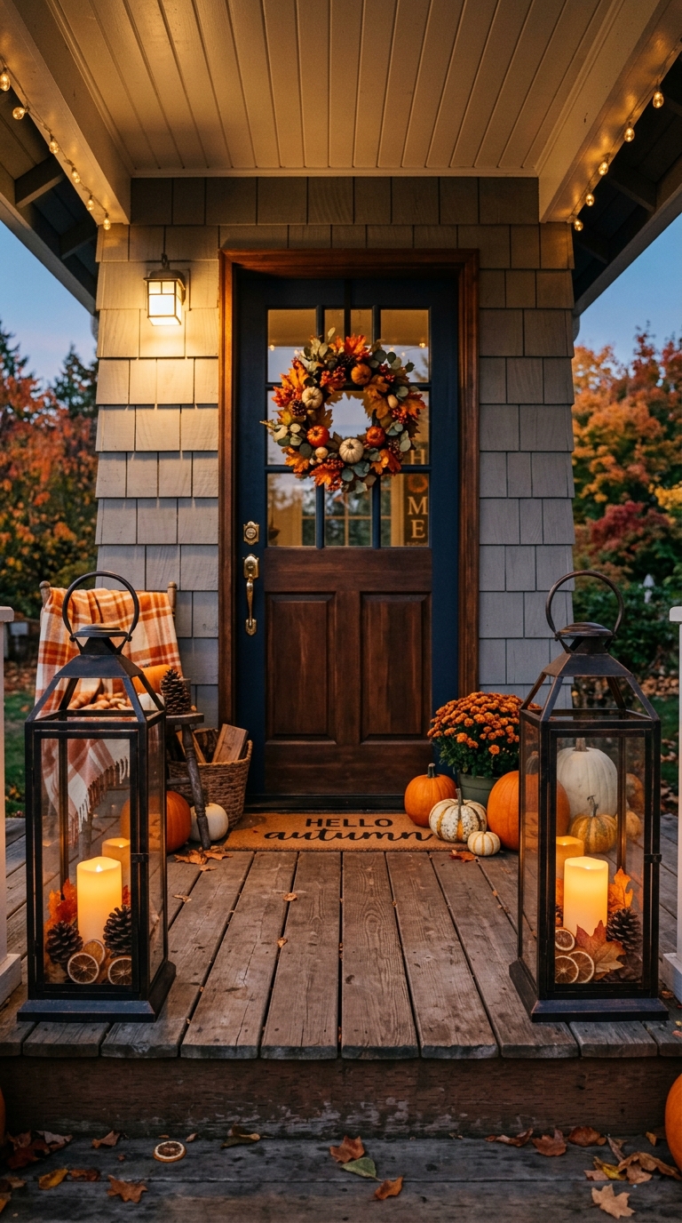 Tall lanterns styled on a small front porch for fall evening decor.