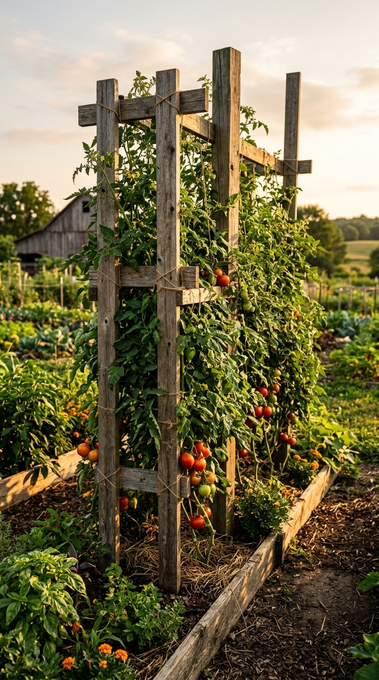 Tall wooden lumber framework tomato trellis supporting mature climbing vines