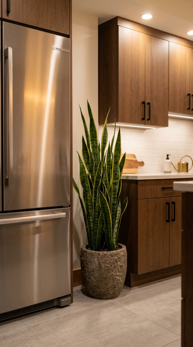 Tall snake plant styled beside a kitchen refrigerator for vertical interest