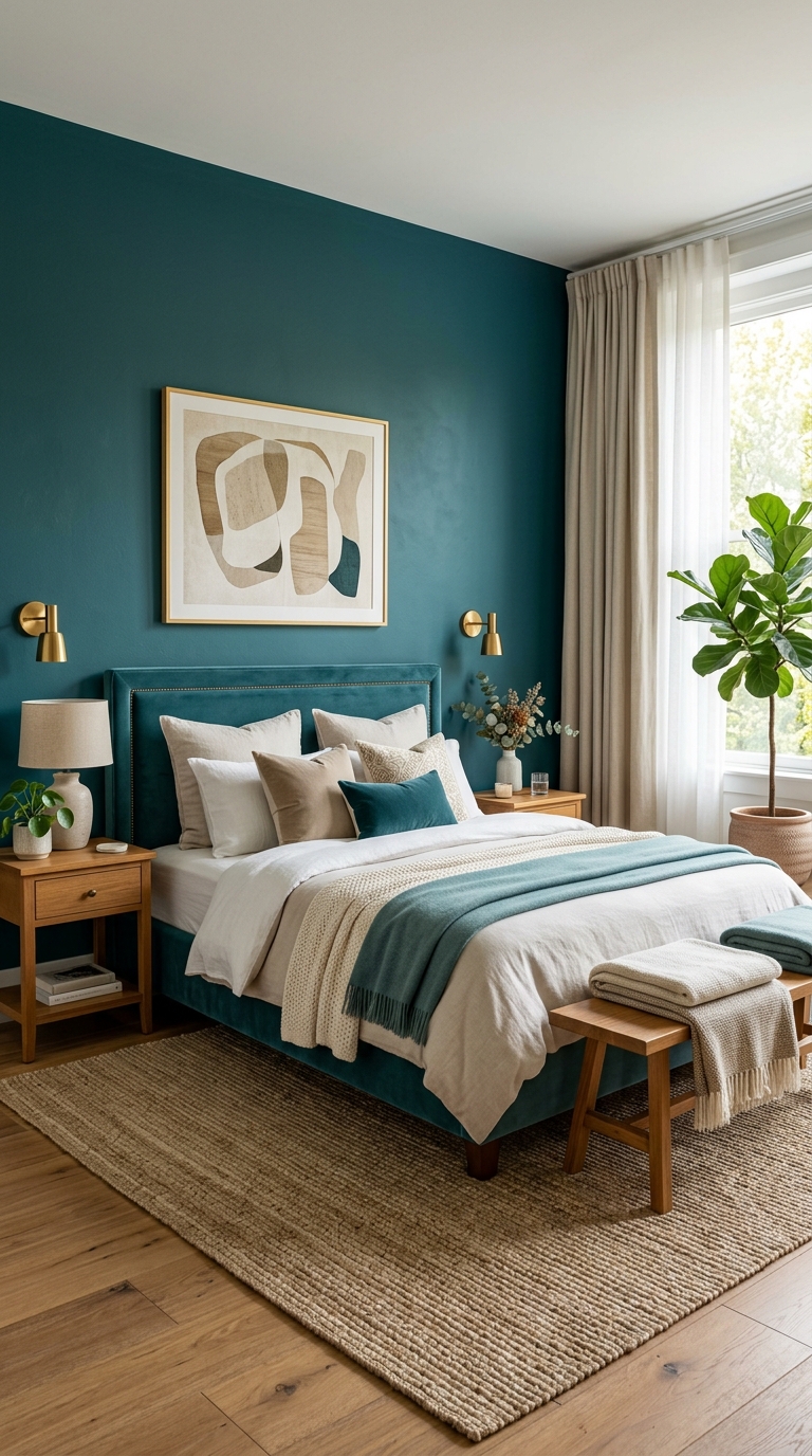 Modern teal bedroom with cozy elegant design