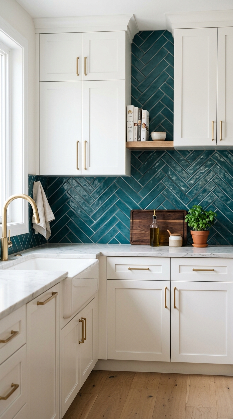 Deep teal herringbone backsplash paired with white kitchen cabinets