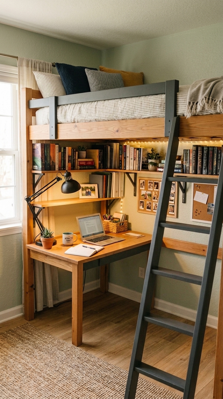 Teen loft bedroom with built-in desk and shelving underneath