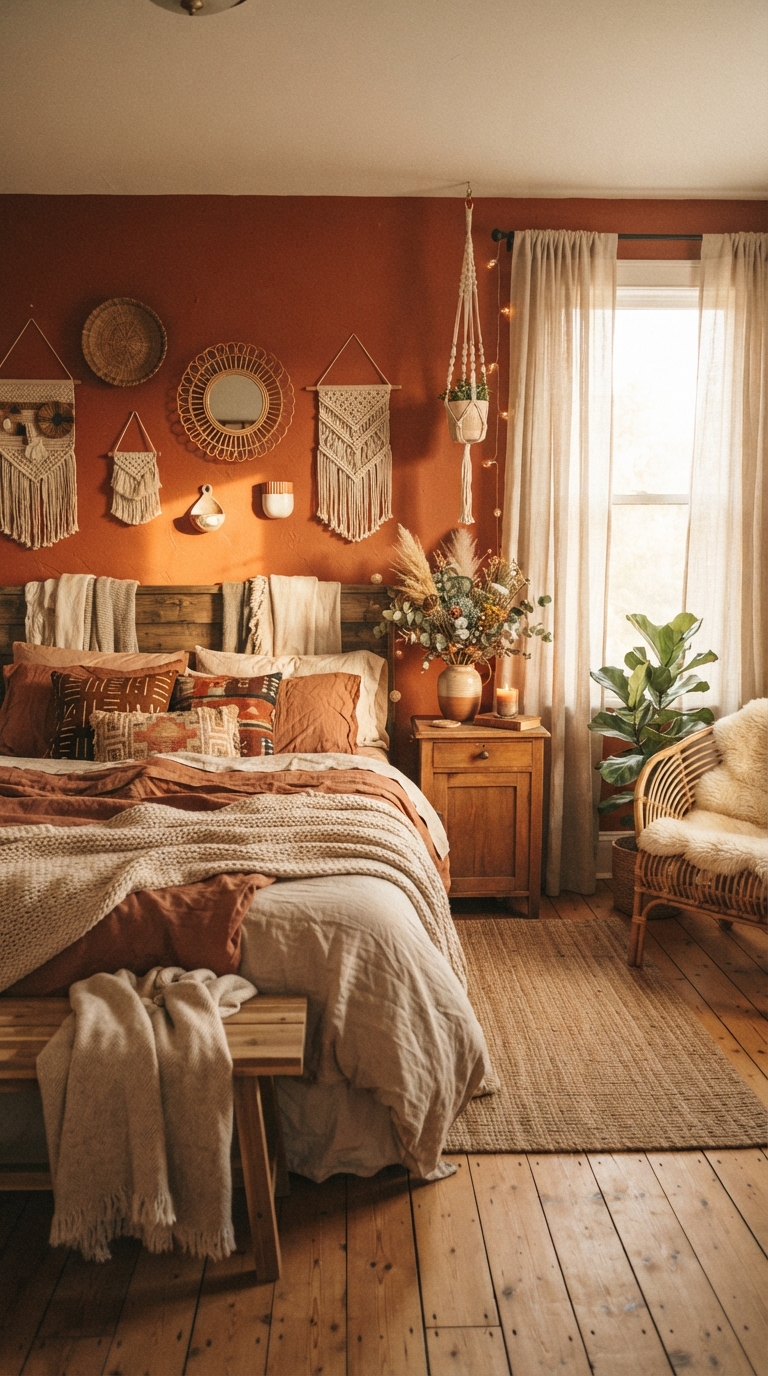 Terracotta accent wall creating a warm, sun-baked bedroom feel