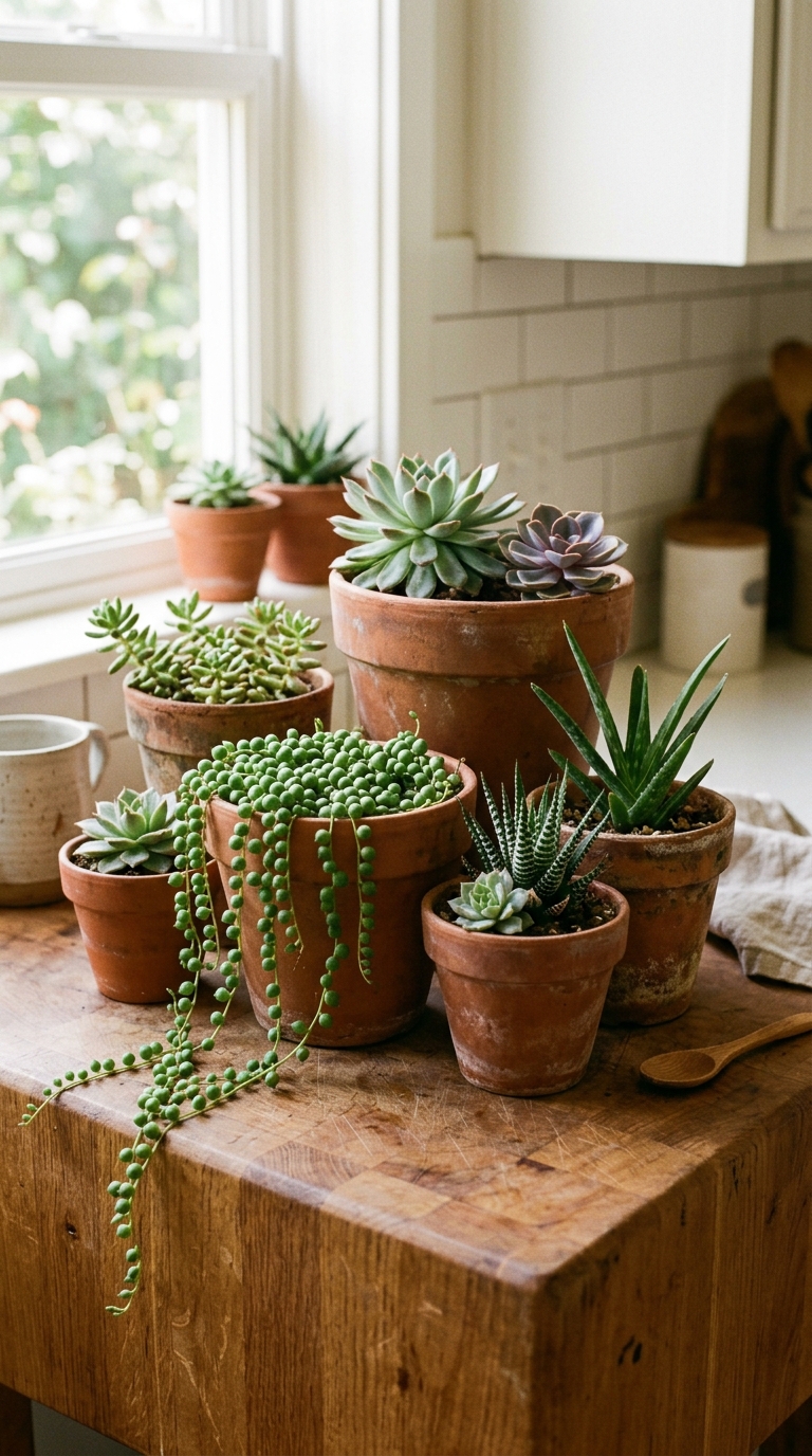 Cluster of terracotta plant pots styled on a kitchen countertop