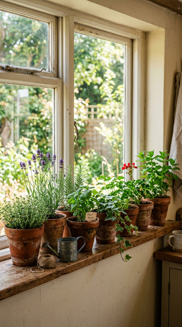 Small terracotta pots lined along a kitchen windowsill with mixed plants.