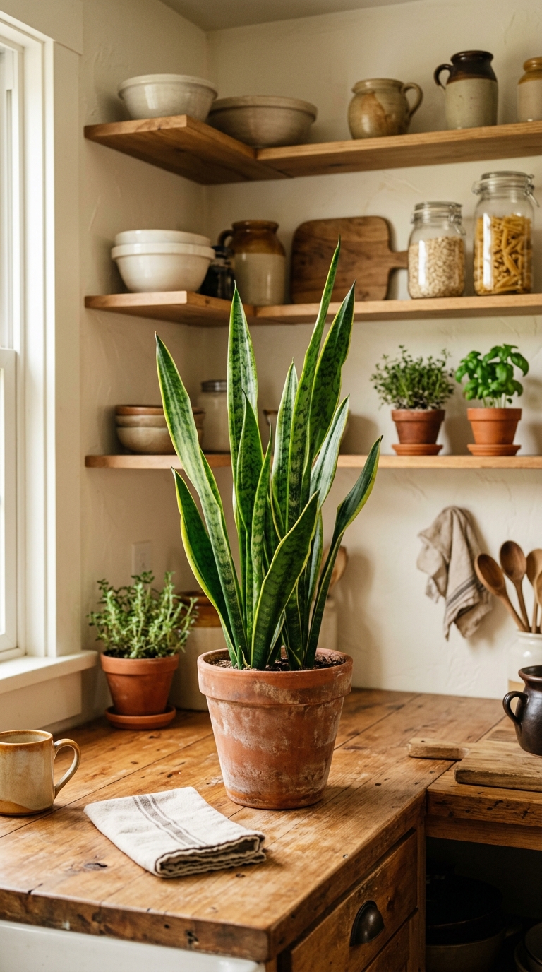 Snake plant in a terracotta pot styled in a rustic kitchen