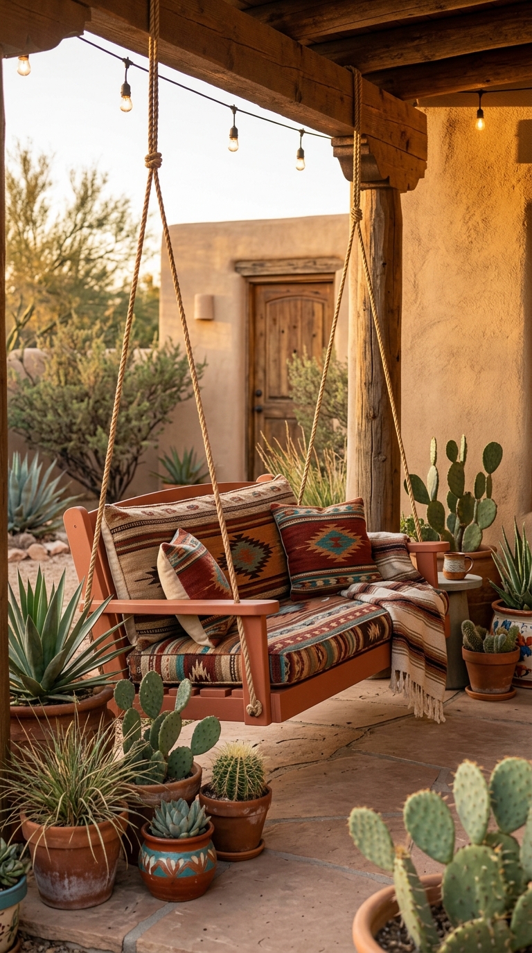 Terracotta porch swing styled for a Southwestern front porch