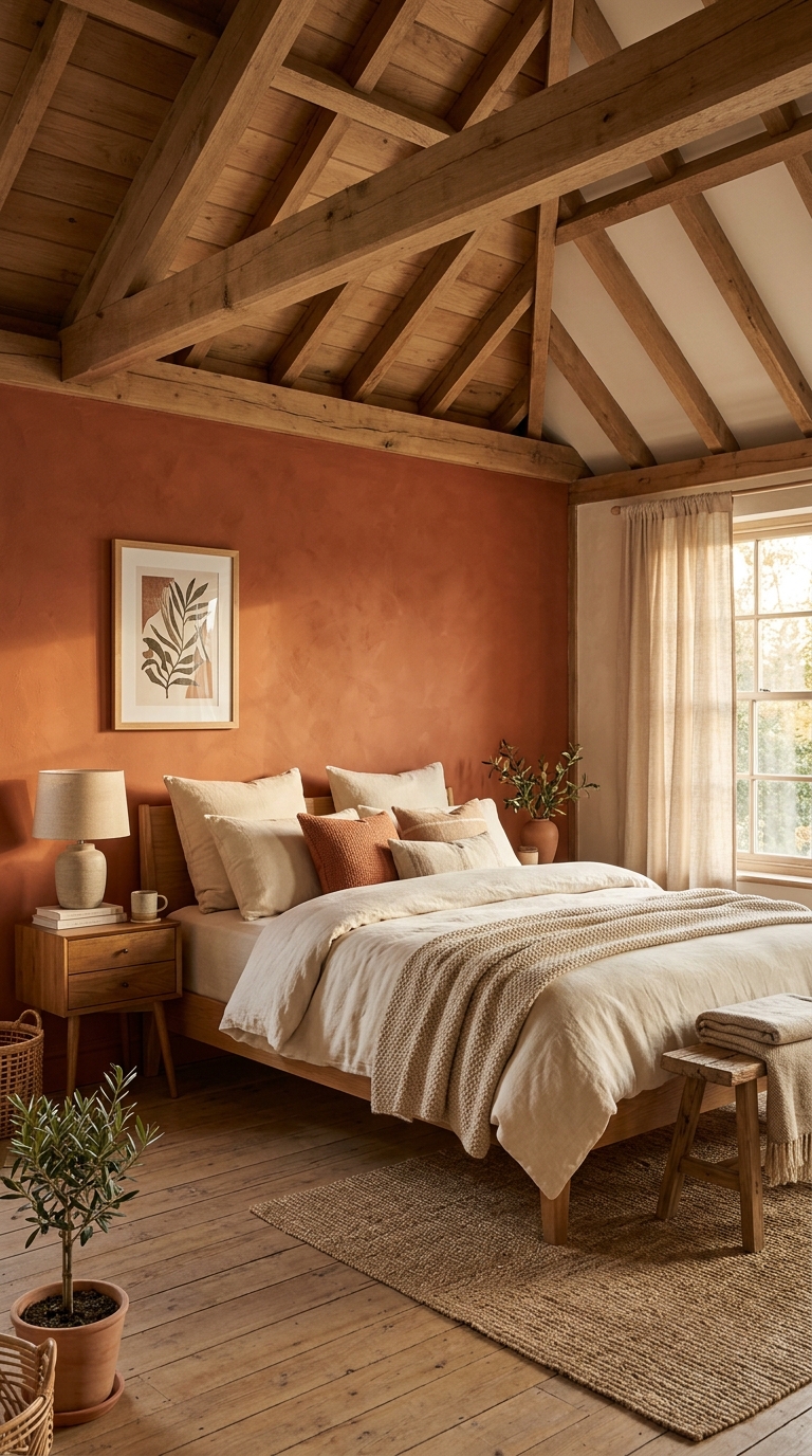 Warm terracotta accent wall paired with a natural wood vaulted ceiling in a cozy bedroom