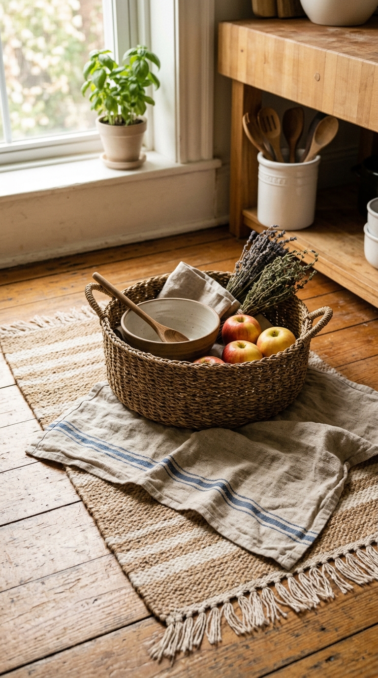 Woven basket and linen textures layered in an apartment kitchen