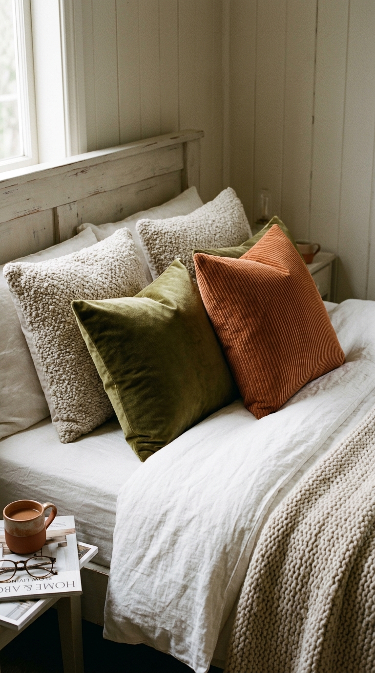 Textured fall throw pillows in boucle and corduroy on a neutral bed