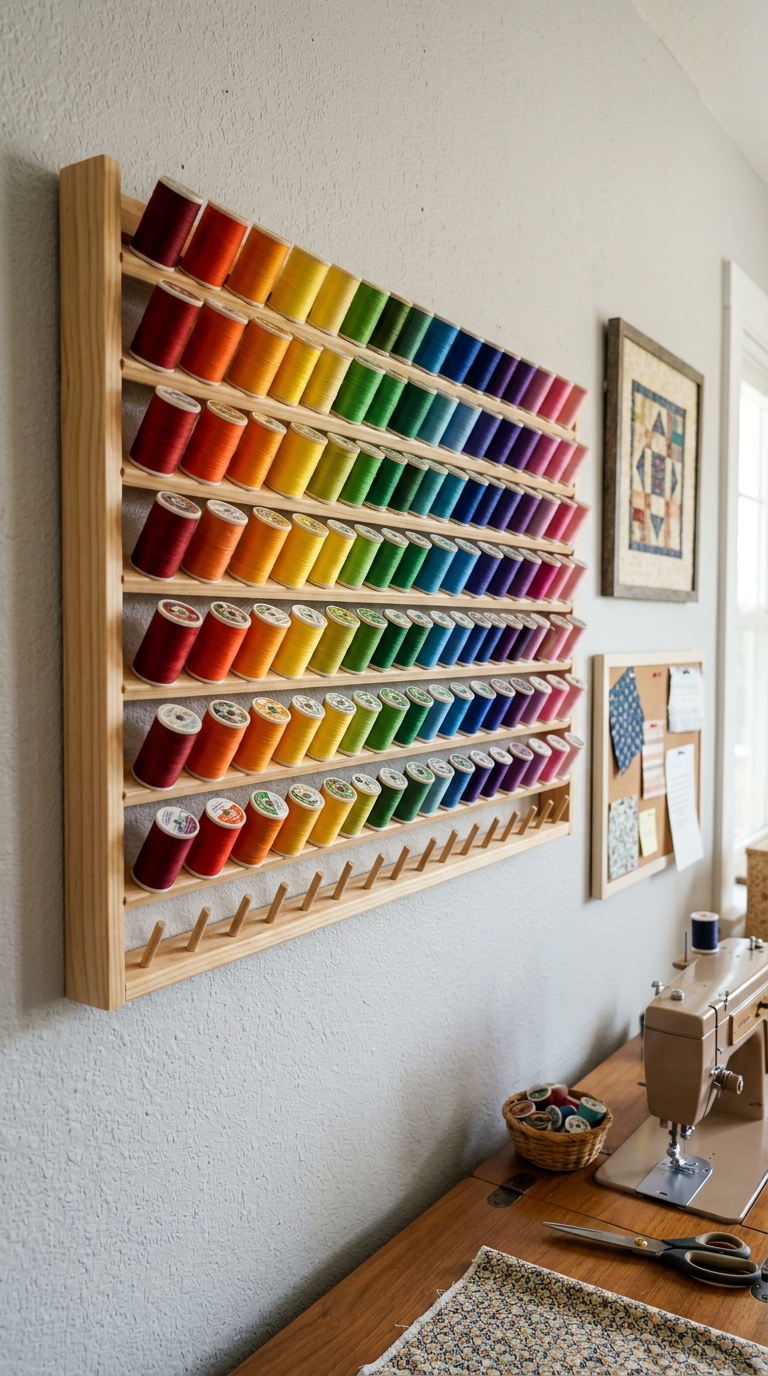 Rainbow thread spool display rack as sewing room wall decor