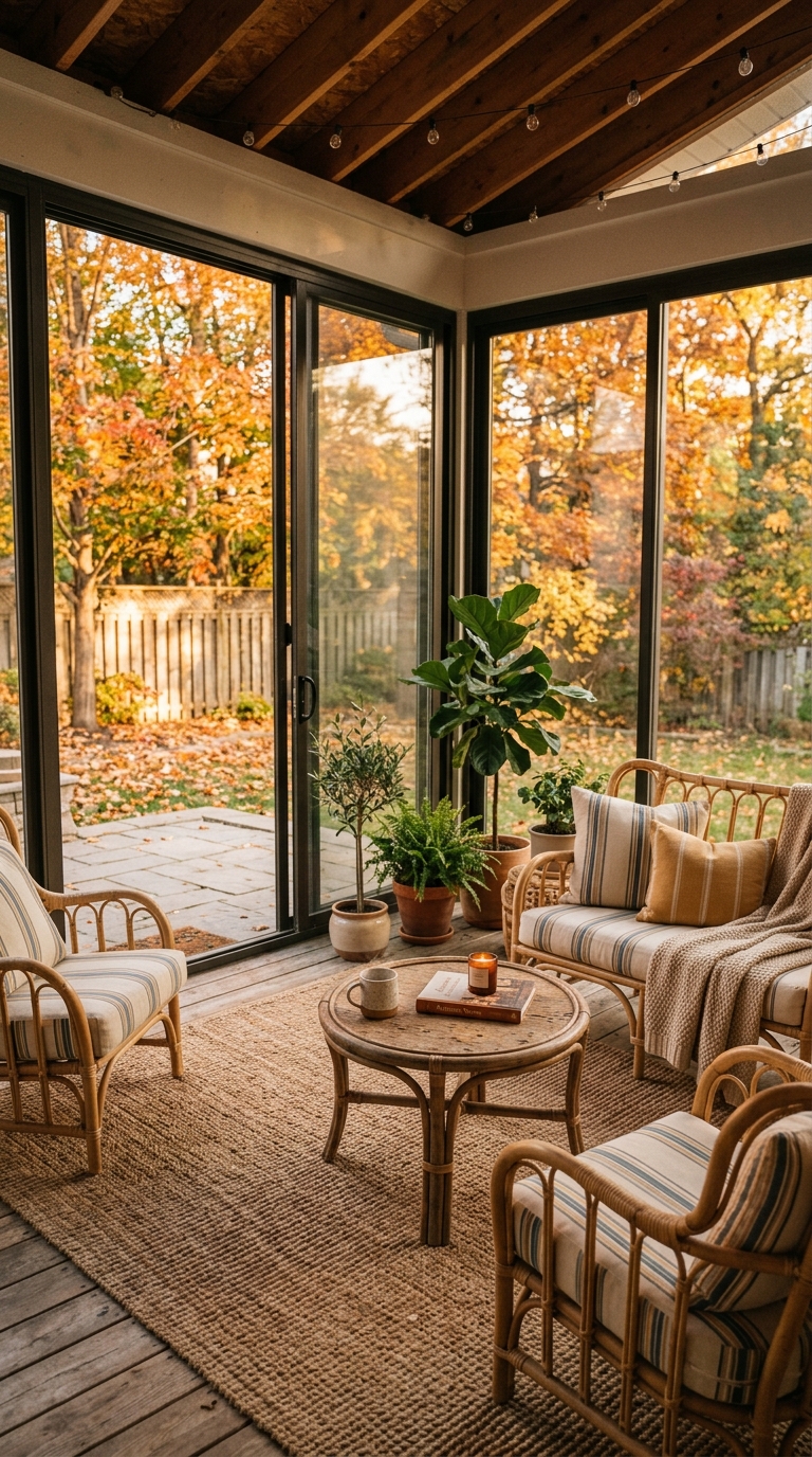 Three-season enclosed porch idea with sliding glass panels and rattan furniture