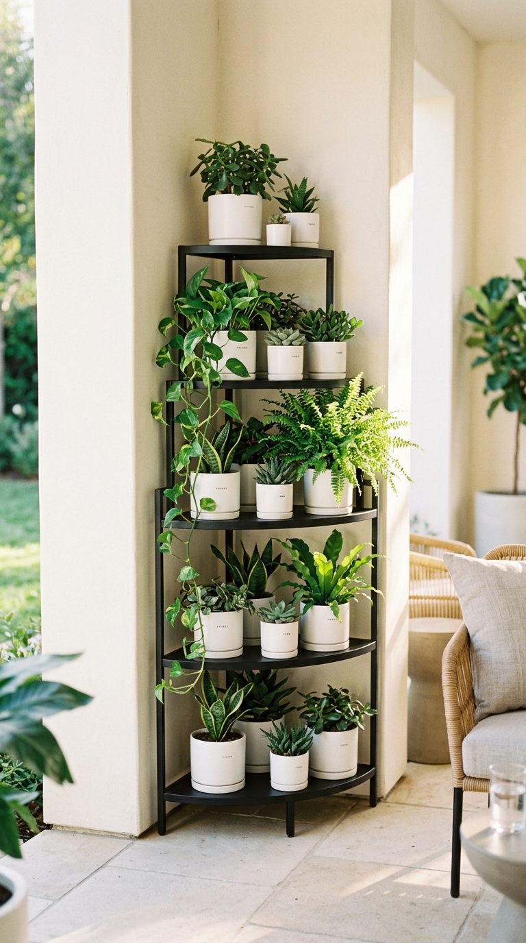 Black tiered corner plant stand styled with layered greenery on a small patio