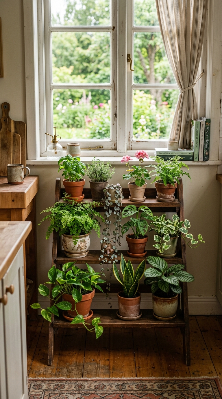 Tiered plant stand styled beneath a bright kitchen window with multiple plants