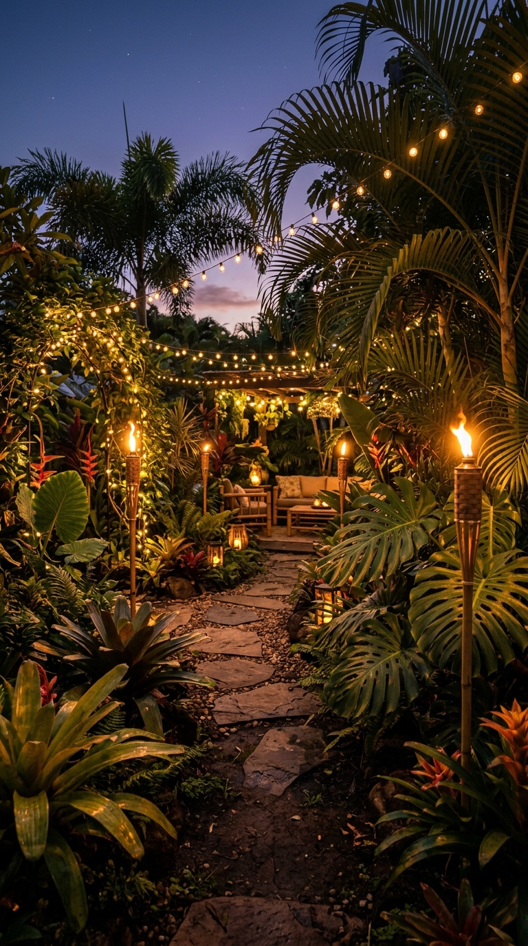 Small tropical garden lit with tiki torches and string lights at dusk