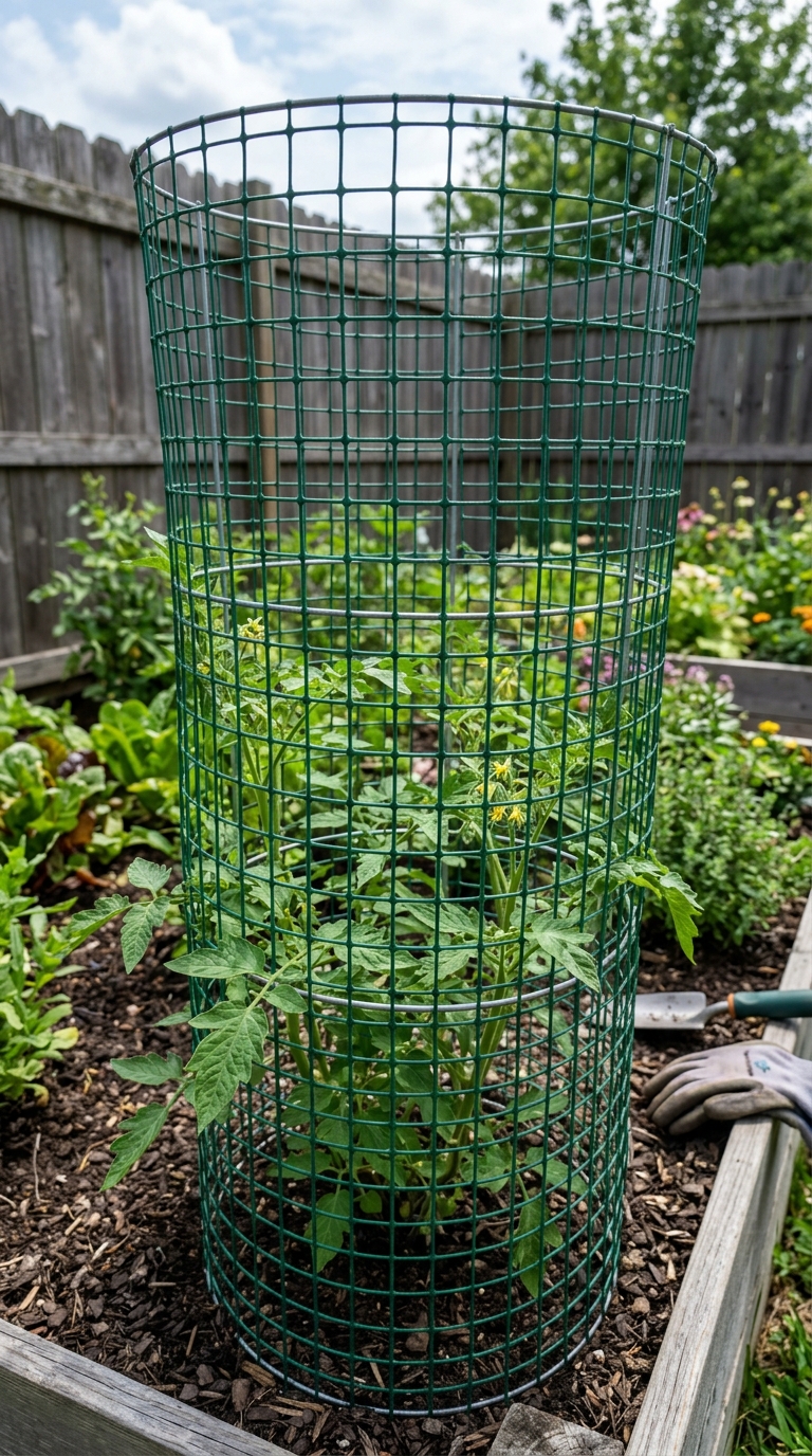 Tomato cage upgraded with trellis netting for extra support