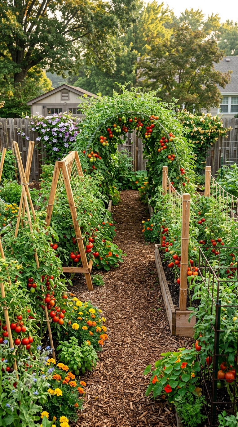 Creative tomato trellis ideas with healthy tomato plants growing on sturdy garden supports