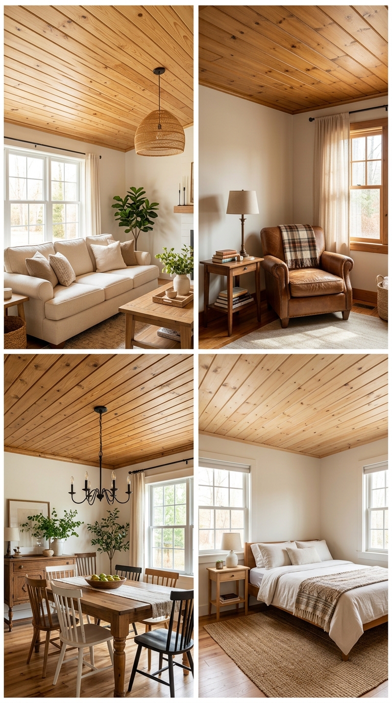 Cozy living room featuring a warm tongue-and-groove pine plank ceiling with natural wood grain and soft natural lightin