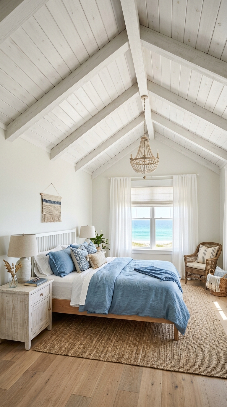 Whitewashed tongue-and-groove vaulted ceiling in a coastal bedroom