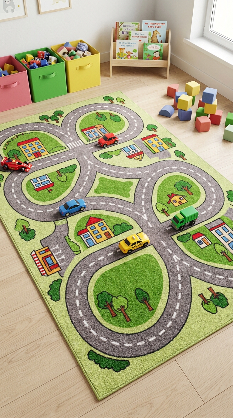 Winding racetrack patterned rug styled in a Mario Kart play area