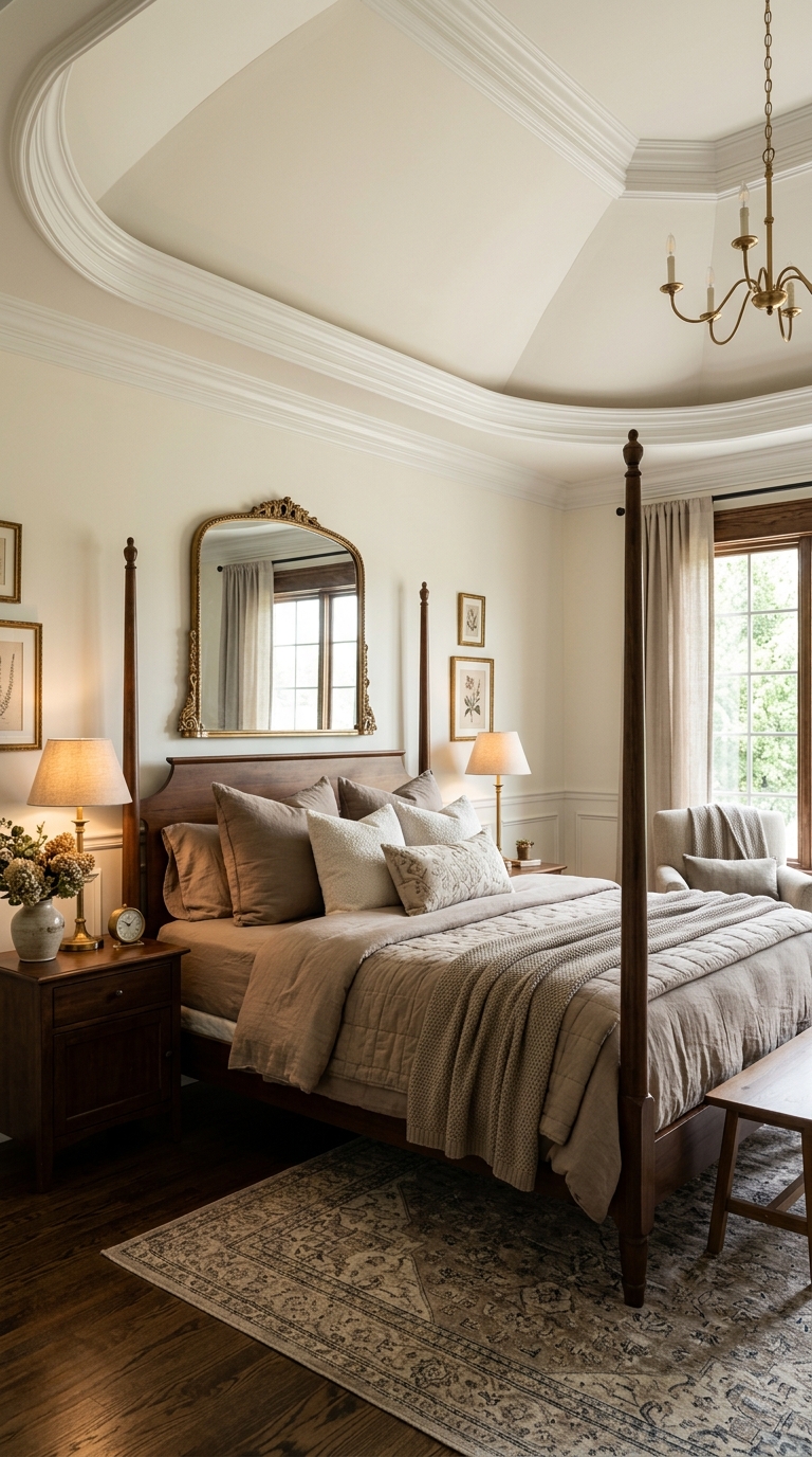 Traditional crown molding detail along a vaulted bedroom ceiling with ivory walls and gold accents