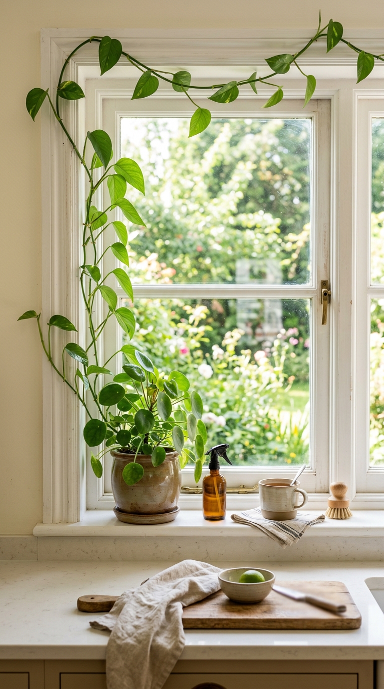 Trailing money plant vine draped over a bright kitchen window for natural decor.