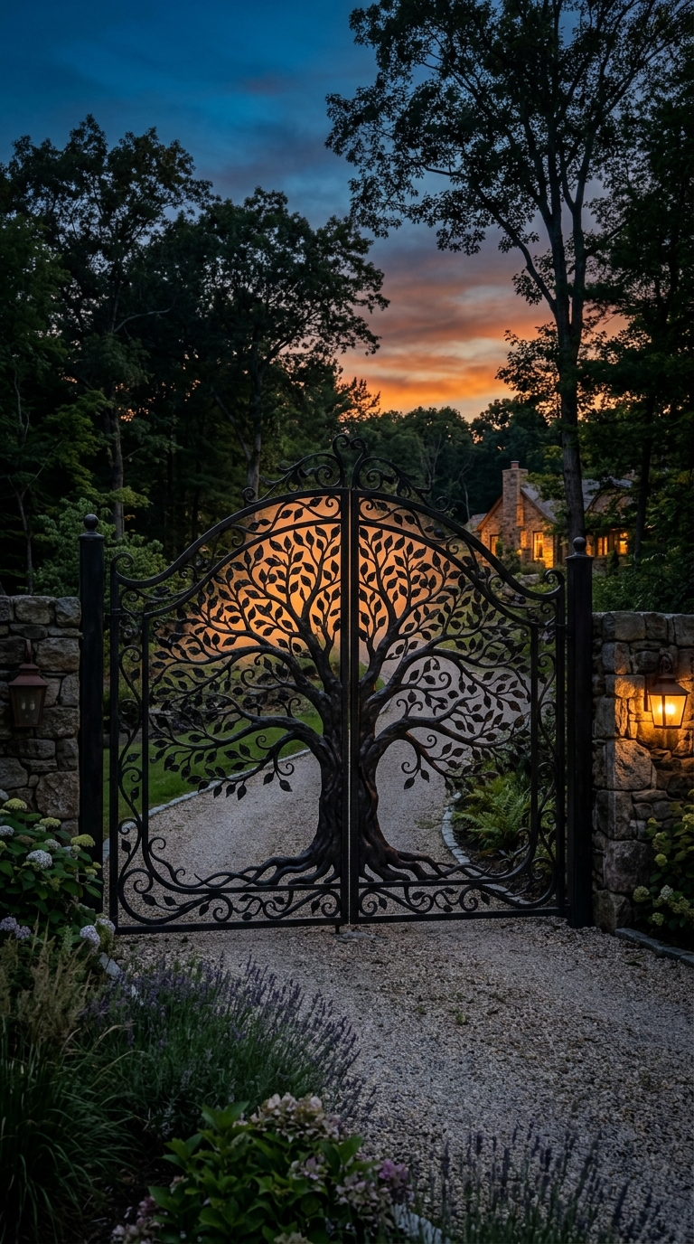 Tree-of-life ornamental driveway gate des