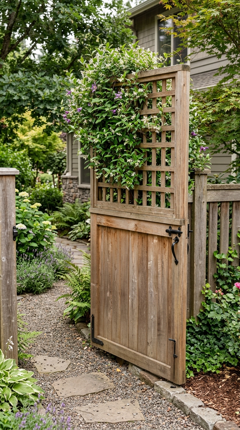 Trellis-topped side yard gate idea for adding privacy within HOA height rules