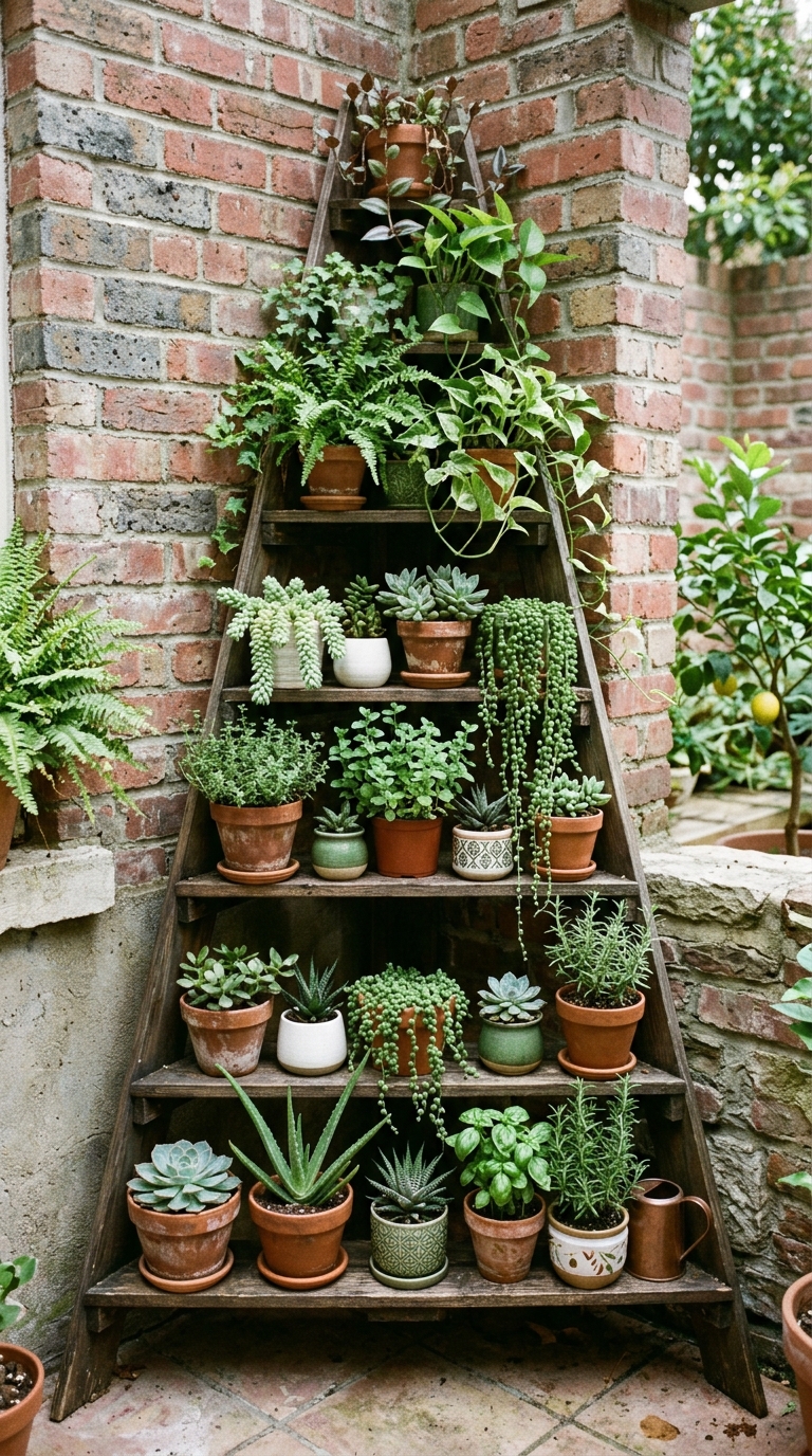 Triangular corner plant shelf with layered succulents and trailing vines