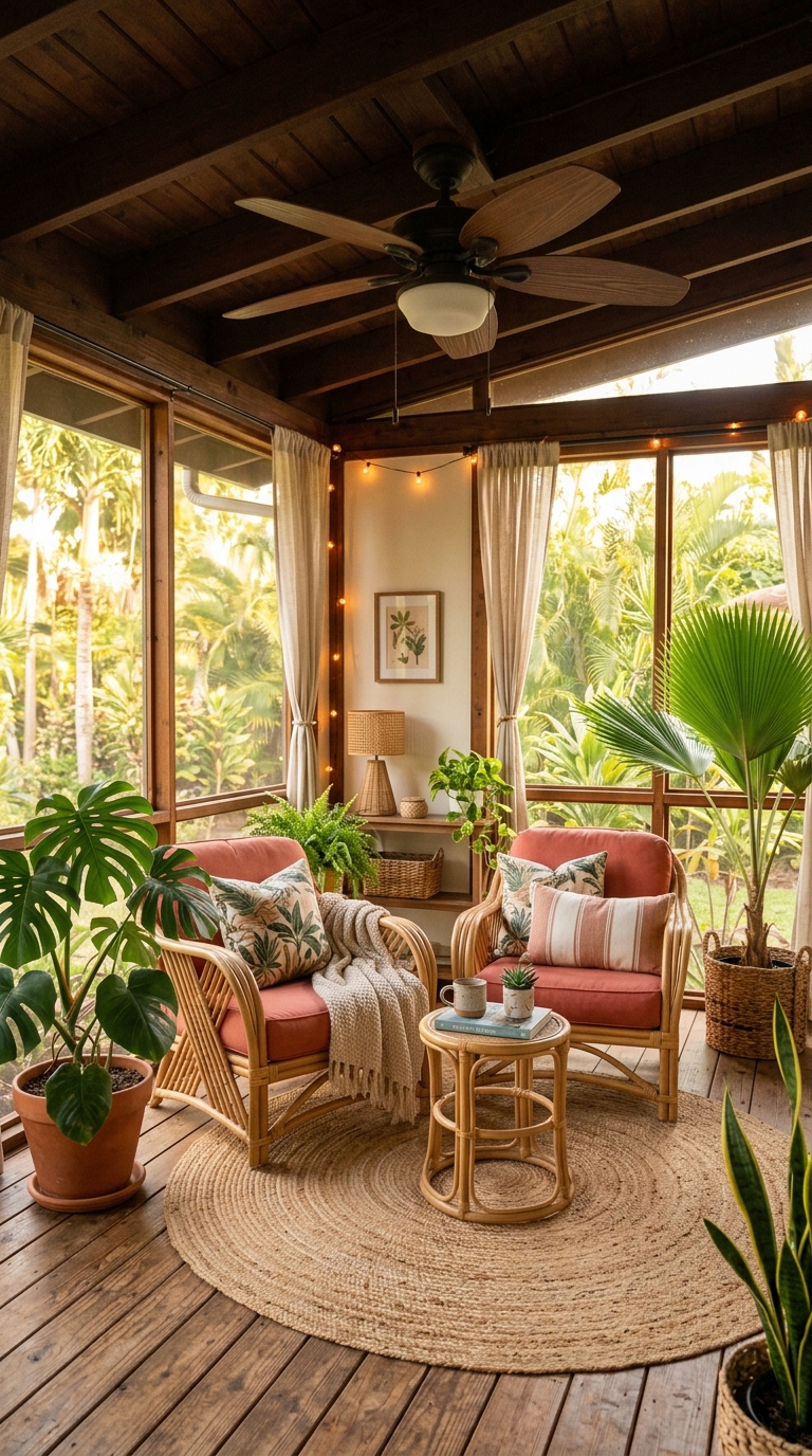 Tropical-style enclosed porch idea with rattan furniture and palm plants