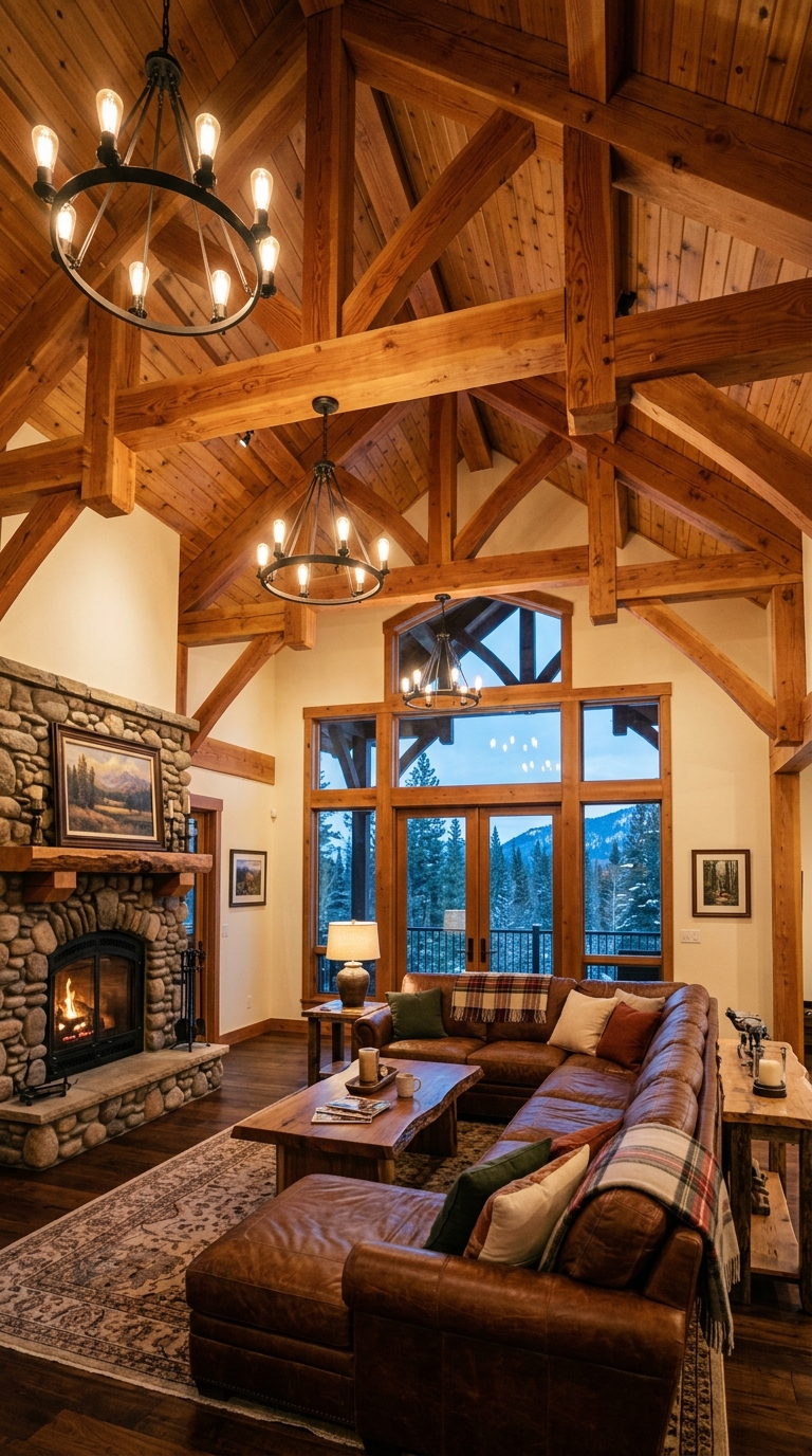 Natural cedar truss system on a vaulted ceiling in a lodge-style great room