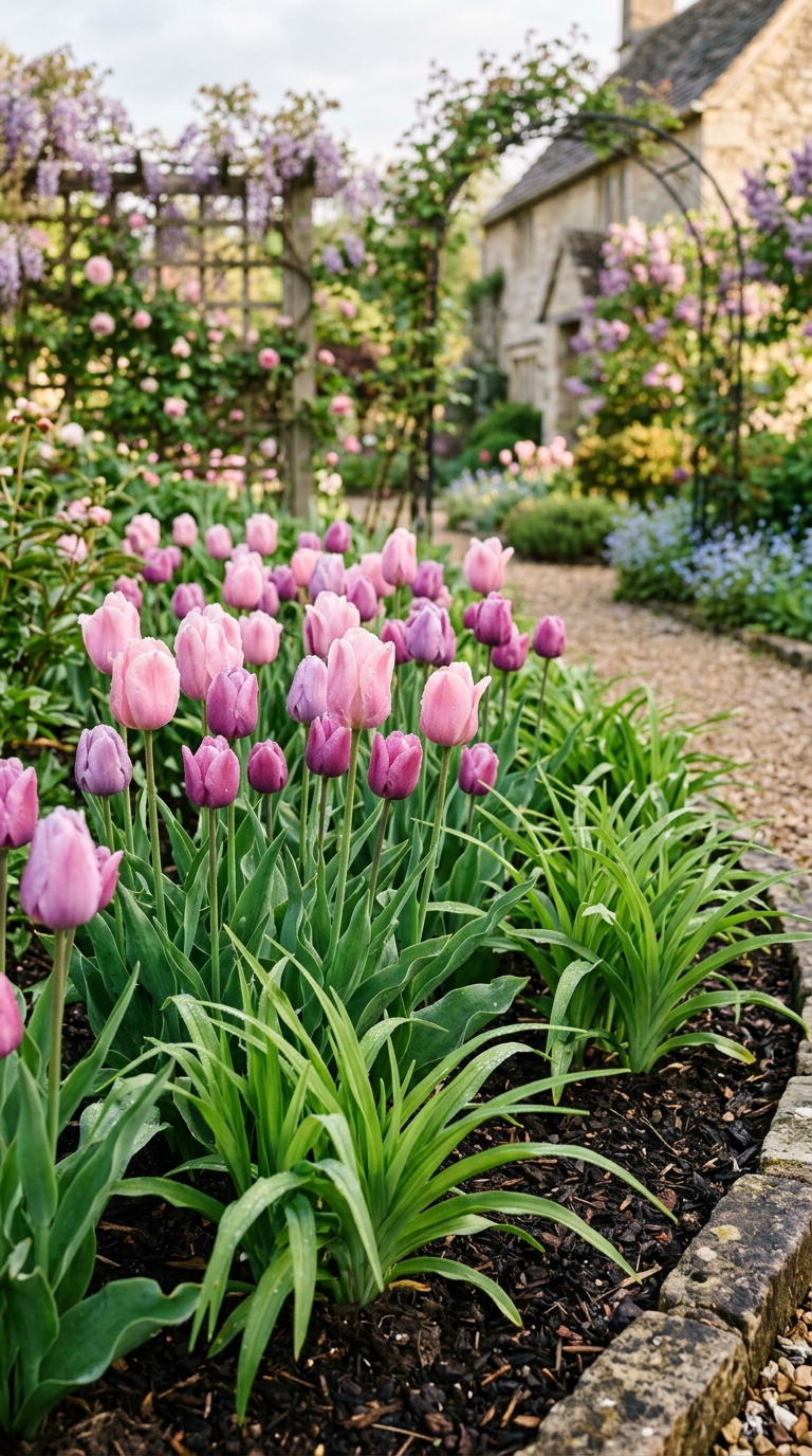 Pink and purple tulips growing as companion plants near daylilies
