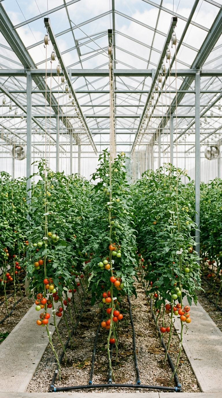 vTomato plants trained on a twine roller trellis system inside a greenhouse