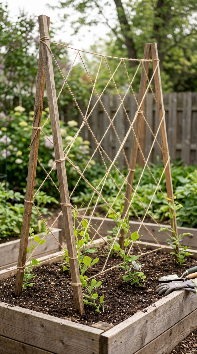 DIY twine and stake grid trellis for annual climbing vines